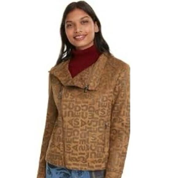 NWT Desigual Chaq_Lou Brown Logo Print Faux Suede Moto Jacket Size 40 (M) - Picture 6 of 16